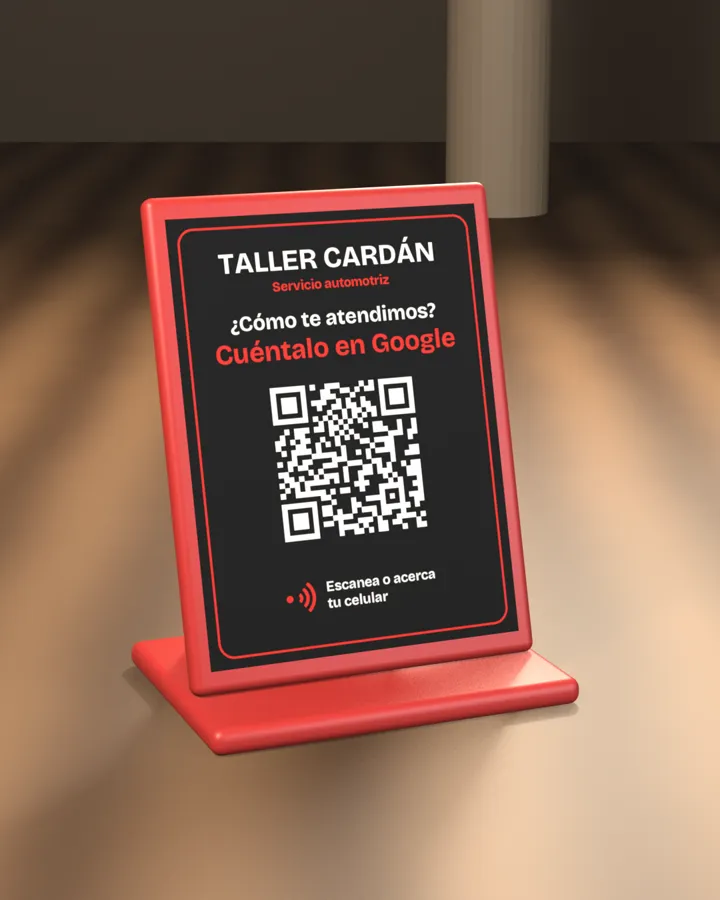 Exhibidor de reseñas con QR y NFC, diseño de muestra