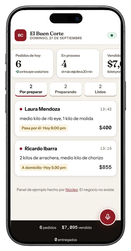 Panel de demostración para carnicerías en un celular
