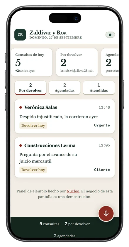 Panel de demostración para despachos de abogados en un celular