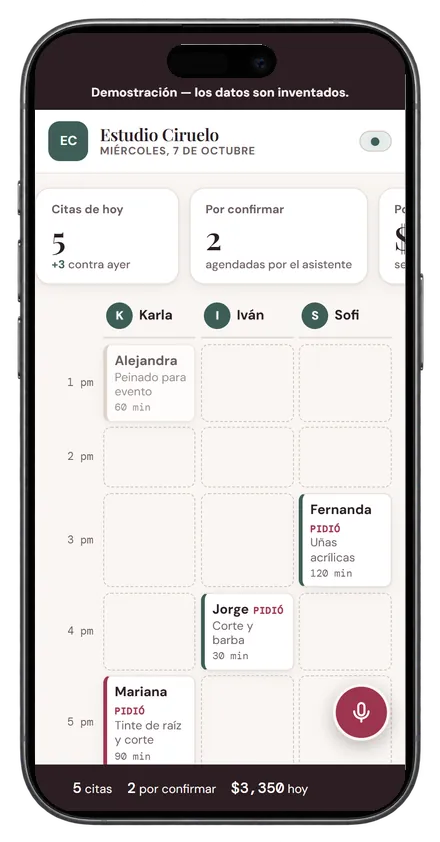 Panel de agenda por estilista de un salón de belleza en un celular