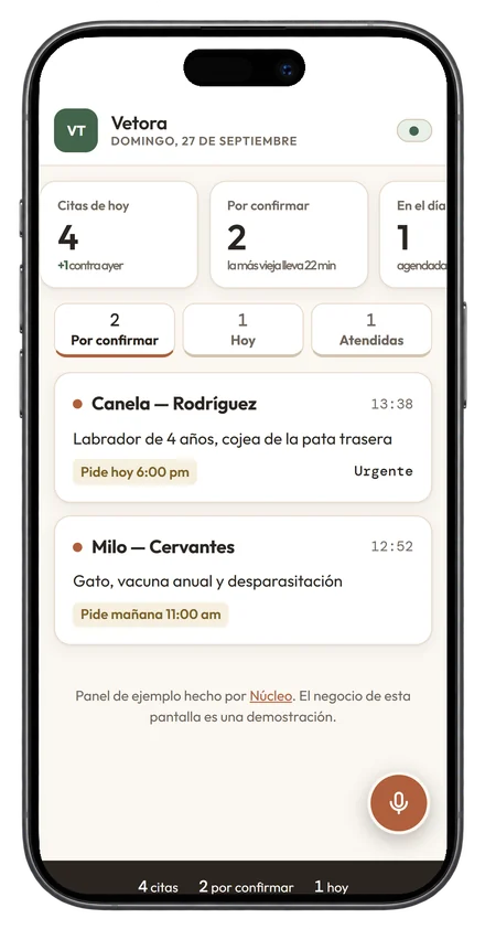 Panel de demostración para veterinarias en un celular