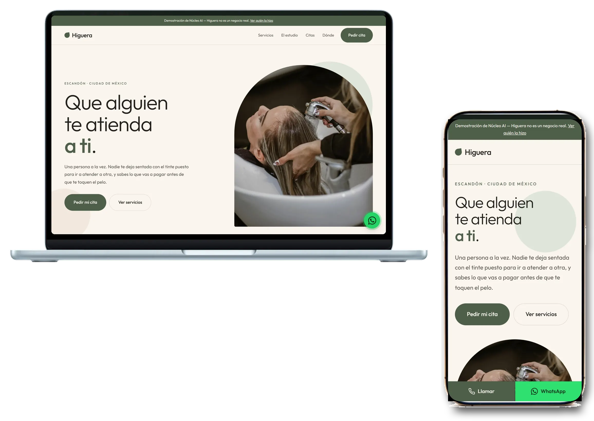 Landing de Higuera, un estudio de belleza, en computadora y celular